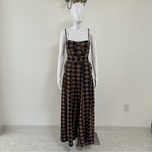 Free People Hold Me Tight Jumpsuit Indigo Combo Gingham Belted Wide Leg Size XS - Picture 4 of 10